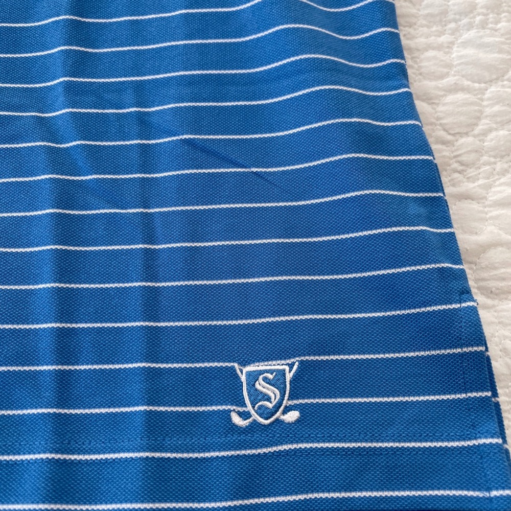 SAKMANN Golf Performance Polo Shirt Blue White Stripe Pima Cotton Blend Men Lg. - Picture 6 of 11